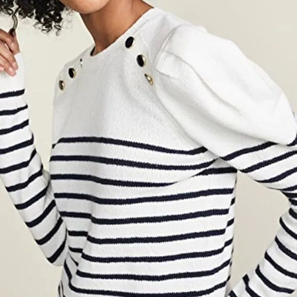 Striped Joie Puff Button Shoulder Long Sleeve Crew Neck Pullover Sweater (NWT)