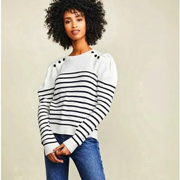 Striped Joie Puff Button Shoulder Long Sleeve Crew Neck Pullover Sweater (NWT)