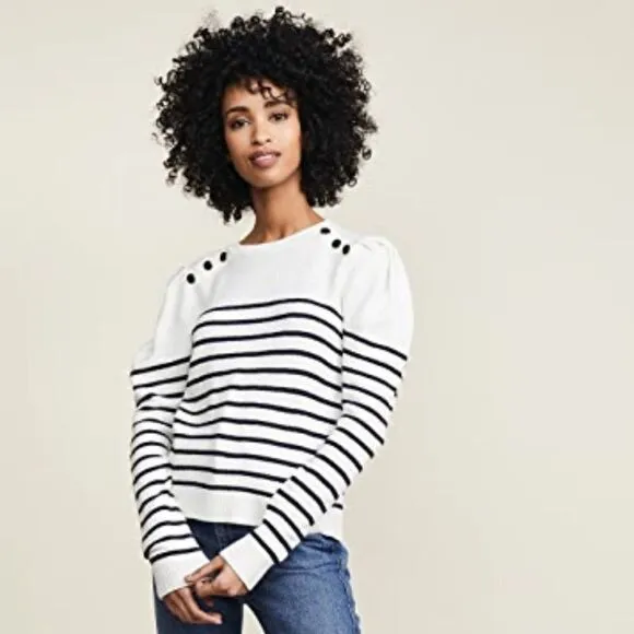 Striped Joie Puff Button Shoulder Long Sleeve Crew Neck Pullover Sweater (NWT)