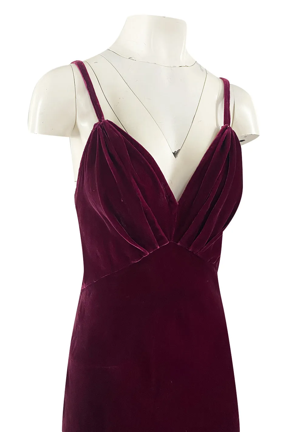 Stunning 1930s Deep Jewel Toned Merlot Bias Cut Silk Velvet Halter Dress w Low Back