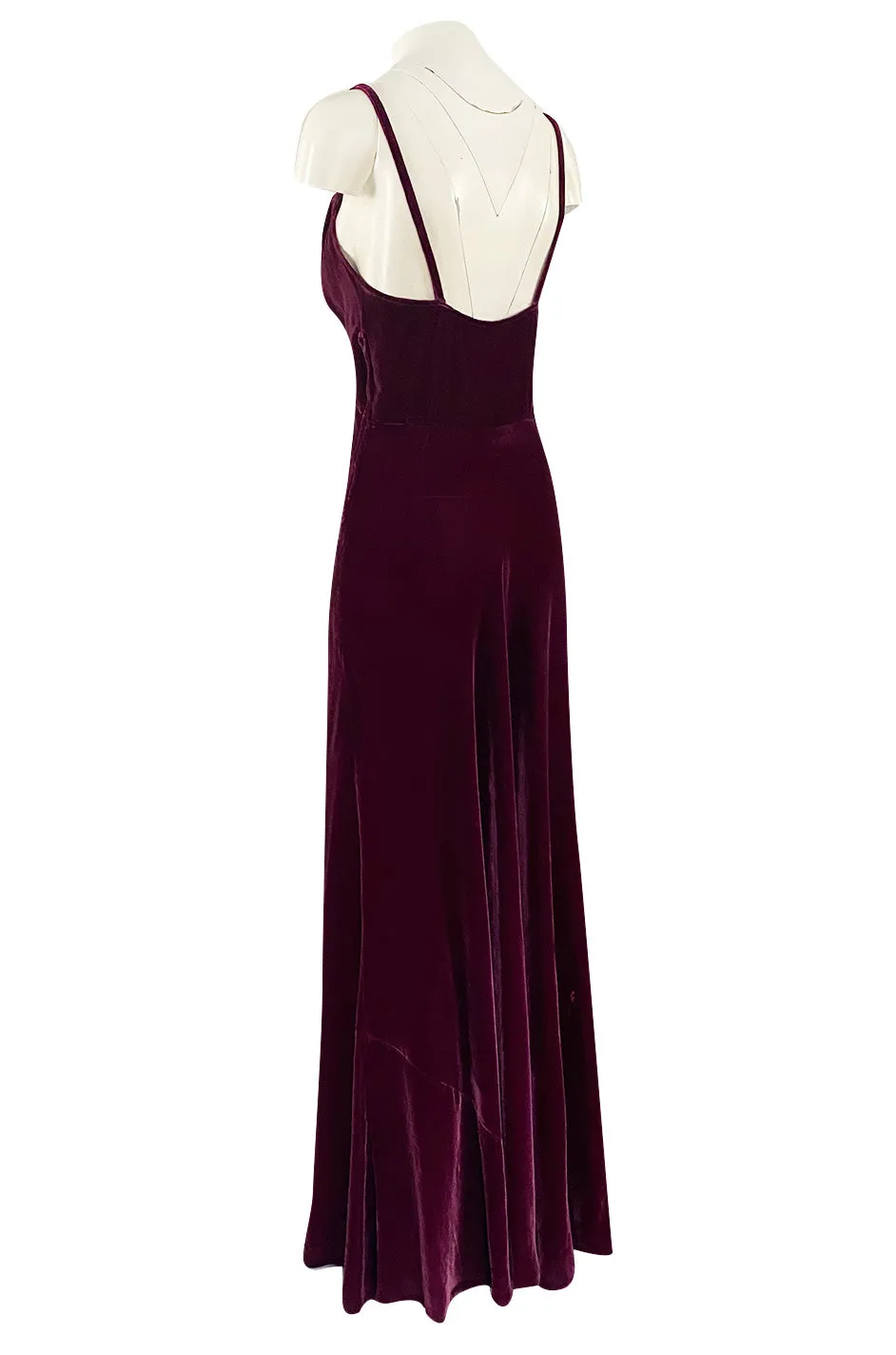Stunning 1930s Deep Jewel Toned Merlot Bias Cut Silk Velvet Halter Dress w Low Back