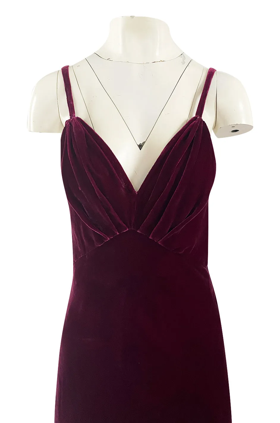 Stunning 1930s Deep Jewel Toned Merlot Bias Cut Silk Velvet Halter Dress w Low Back