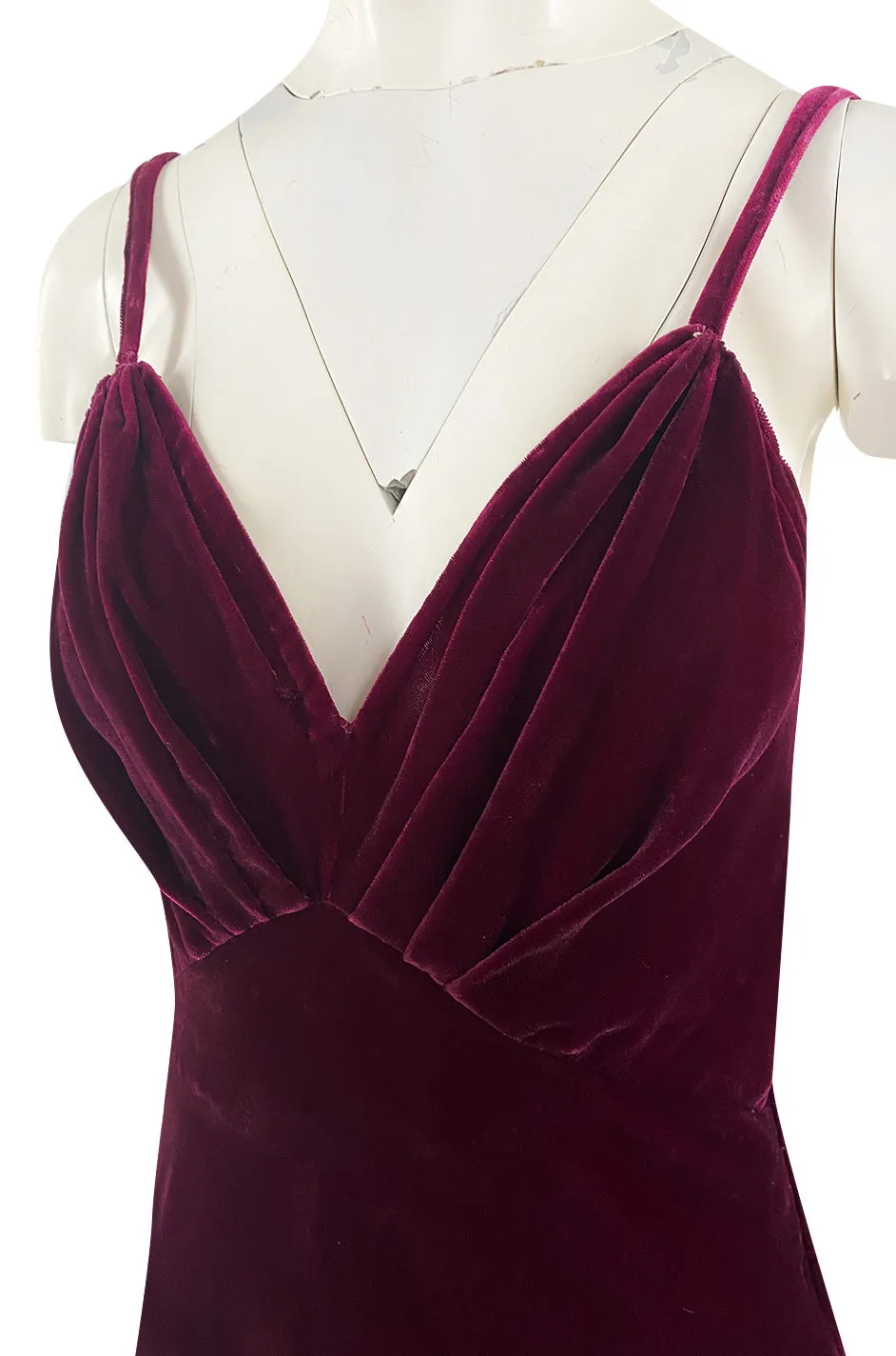 Stunning 1930s Deep Jewel Toned Merlot Bias Cut Silk Velvet Halter Dress w Low Back