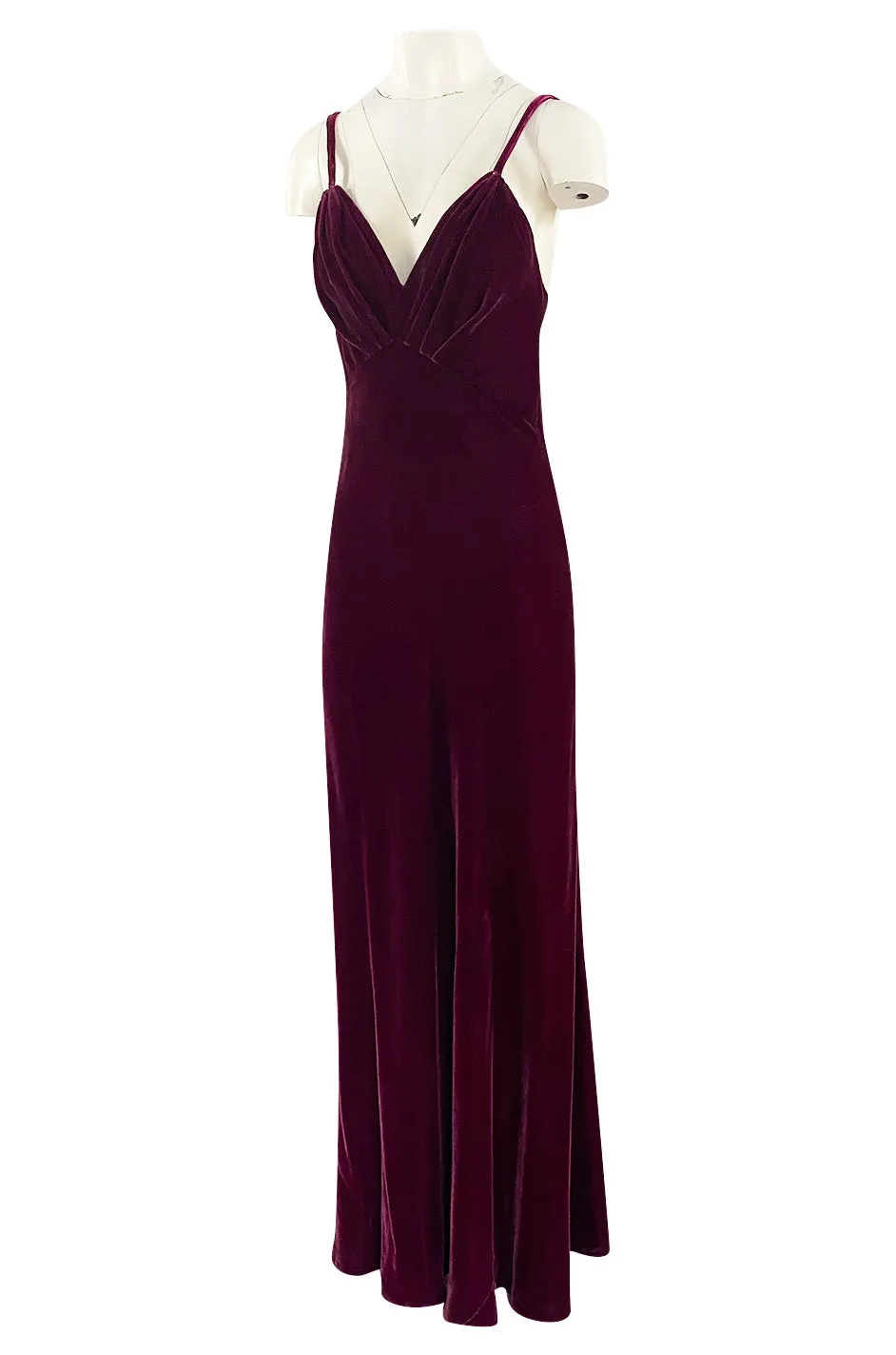 Stunning 1930s Deep Jewel Toned Merlot Bias Cut Silk Velvet Halter Dress w Low Back
