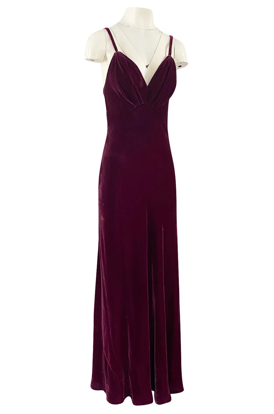 Stunning 1930s Deep Jewel Toned Merlot Bias Cut Silk Velvet Halter Dress w Low Back