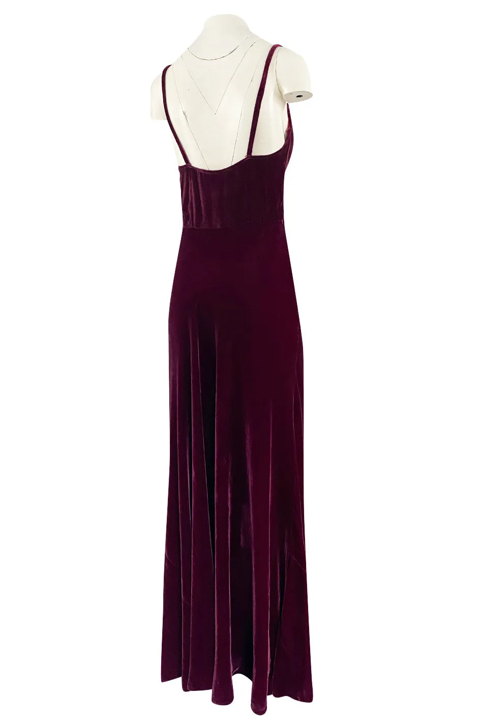 Stunning 1930s Deep Jewel Toned Merlot Bias Cut Silk Velvet Halter Dress w Low Back