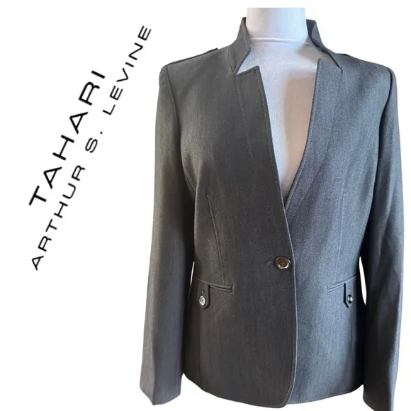 Tahari ASL Arthur S. Levine Gray Inverted Lapel Blazer 6 Like New Medium