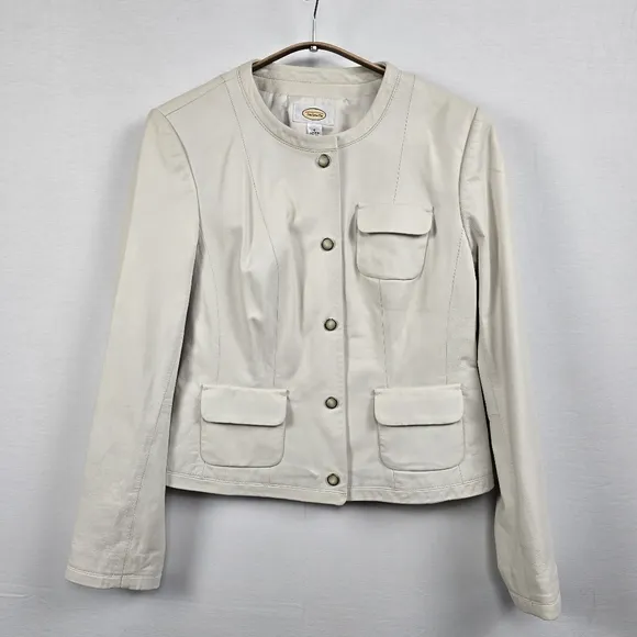 Talbots Ivory Leather Snap Front Jacket Size 4