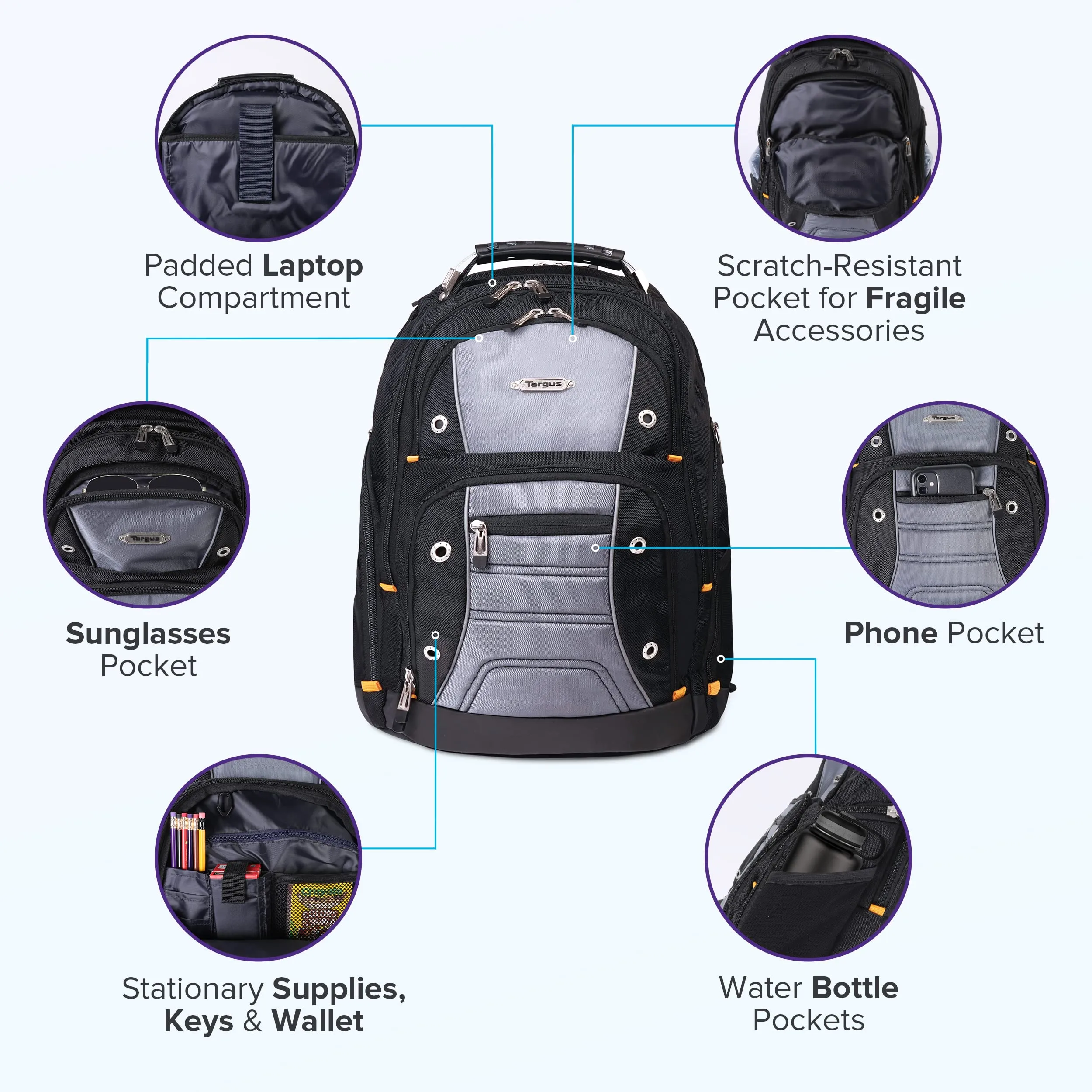 Targus Drifter II Laptop Backpack, Black/Gray - Backpack for Men, Business, Travel, Durable Water-Resistant Material Fits up to 17" Laptops (TSB239US)