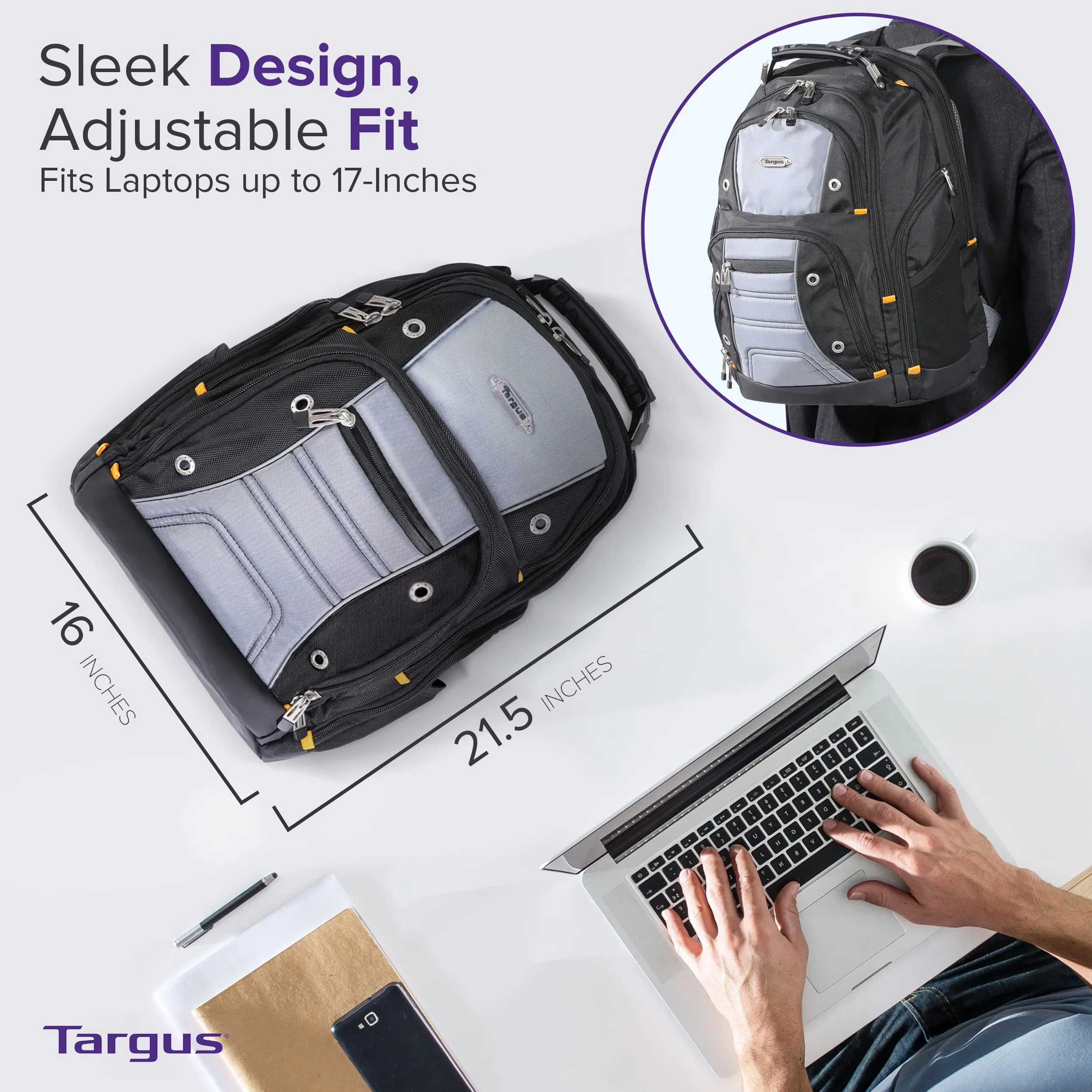 Targus Drifter II Laptop Backpack, Black/Gray - Backpack for Men, Business, Travel, Durable Water-Resistant Material Fits up to 17" Laptops (TSB239US)