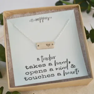 Teacher Thank You Gift, Appreciation Gift, Bar Necklace, Teacher Appreciation Gift, Heart Necklace, Gifts for Her, Teacher Gift Jewelry