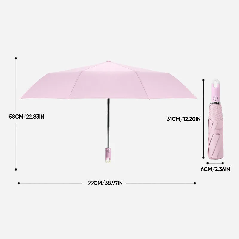 Three-fold self opening and retracting umbrella with buckle