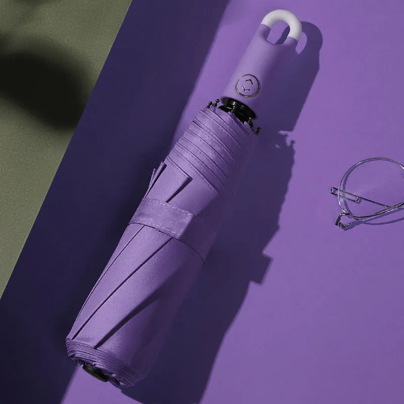 Three-fold self opening and retracting umbrella with buckle