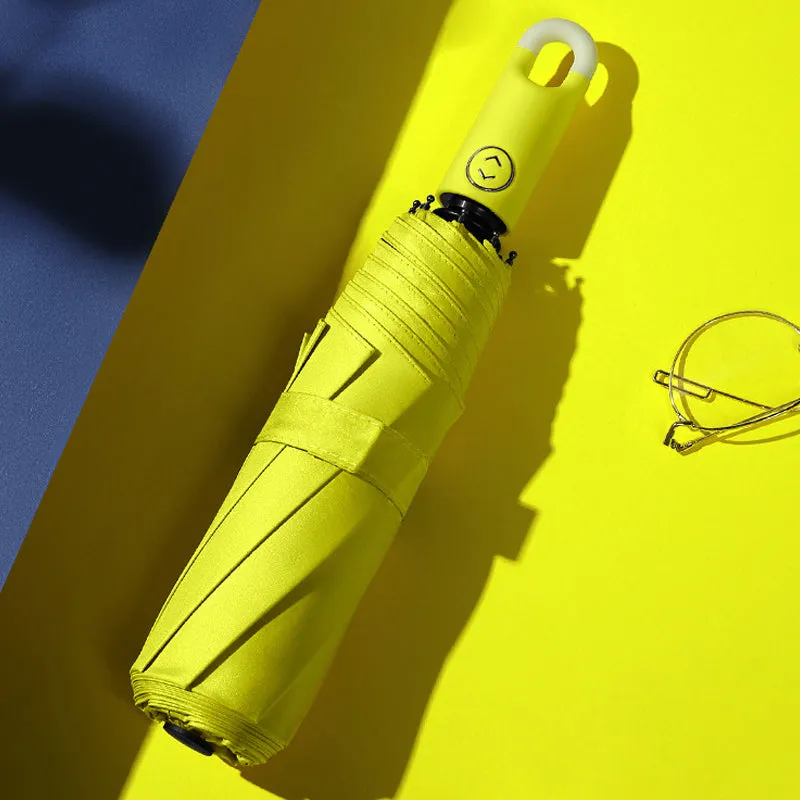 Three-fold self opening and retracting umbrella with buckle