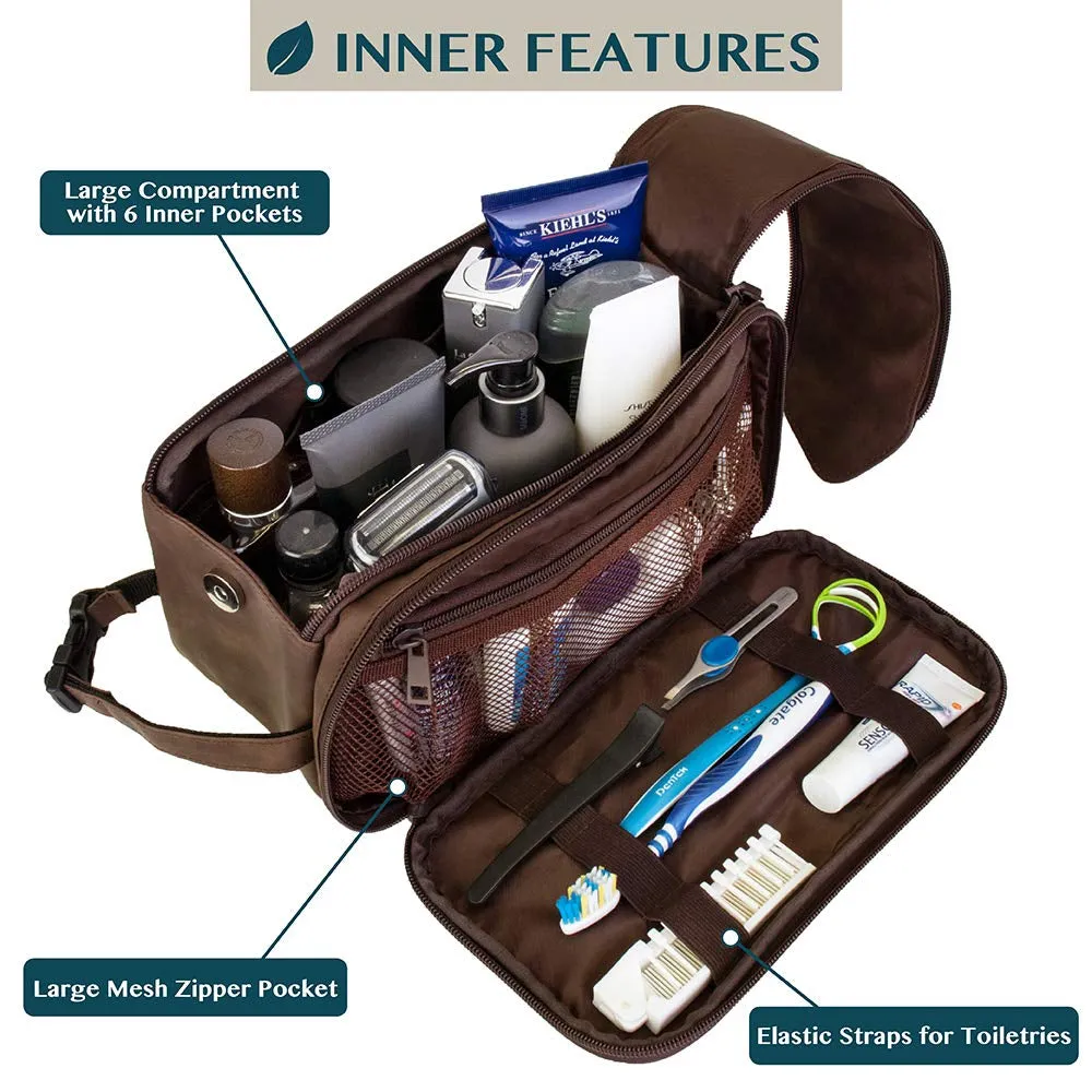 Toiletry Bag for Men, Travel Essentials Shaving Dopp Kit, Mens Travel Bag Toiletries Organizer Case for Grooming, PU Leather Water Resistant Cosmetic Bag Pouch (Dark Brown)
