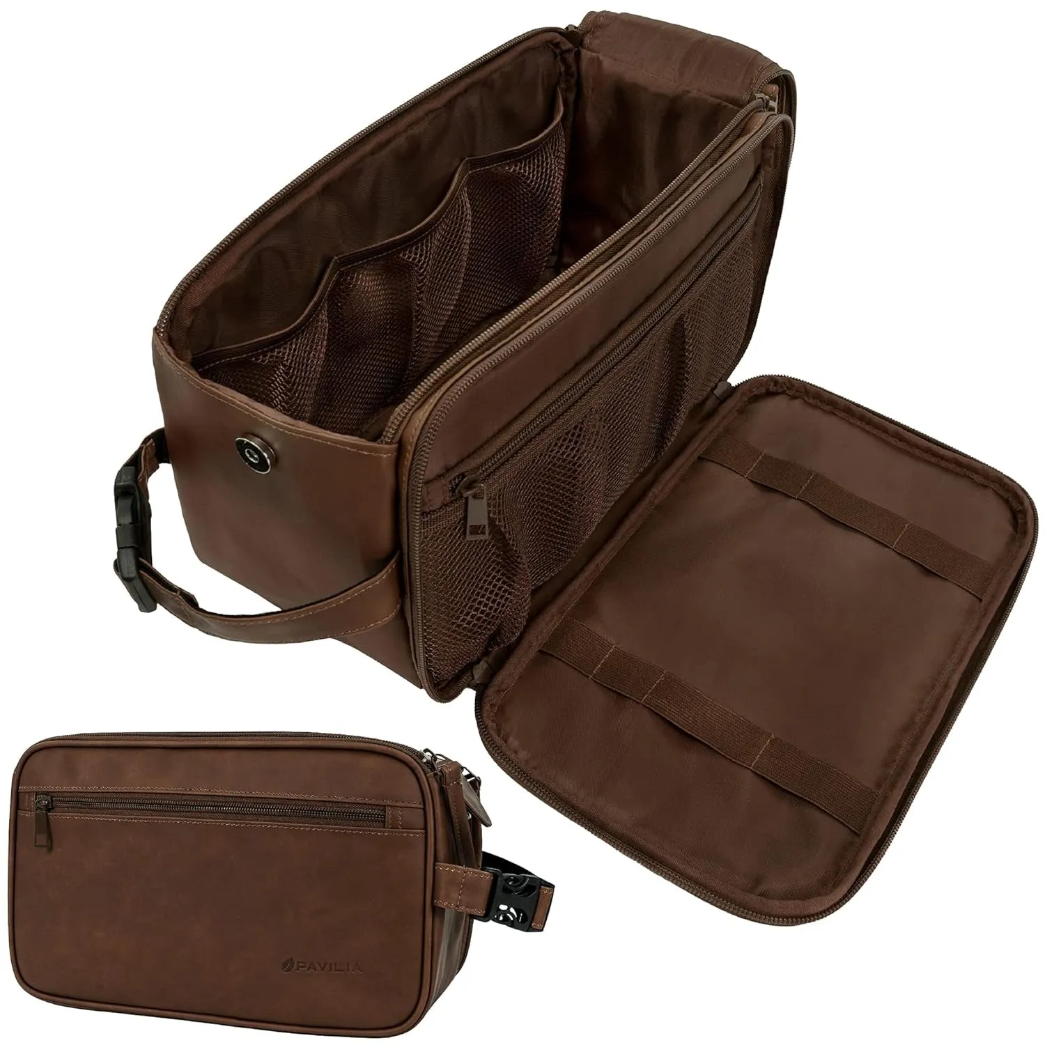 Toiletry Bag for Men, Travel Essentials Shaving Dopp Kit, Mens Travel Bag Toiletries Organizer Case for Grooming, PU Leather Water Resistant Cosmetic Bag Pouch (Dark Brown)
