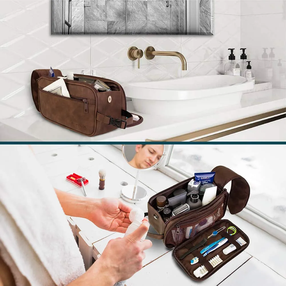 Toiletry Bag for Men, Travel Essentials Shaving Dopp Kit, Mens Travel Bag Toiletries Organizer Case for Grooming, PU Leather Water Resistant Cosmetic Bag Pouch (Dark Brown)