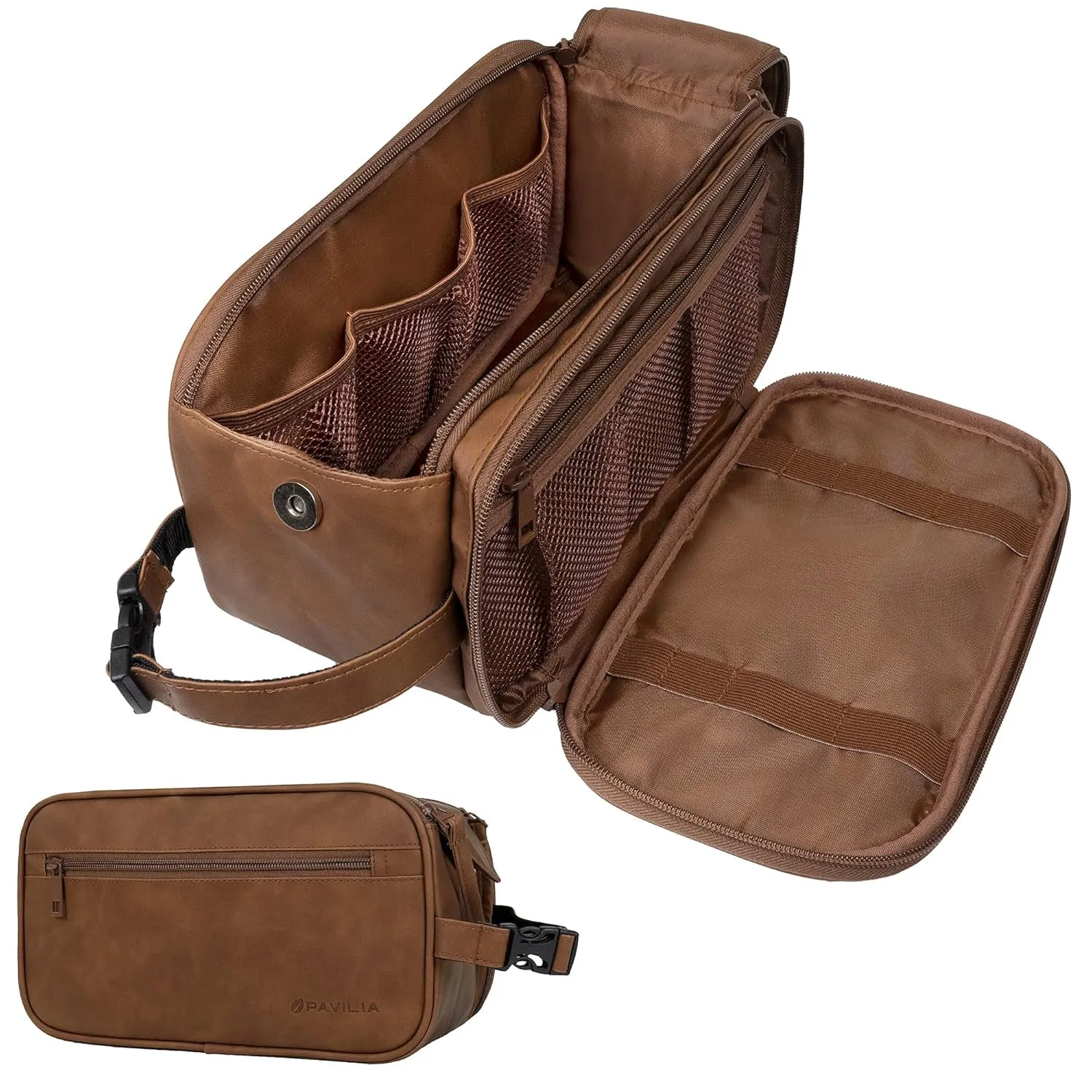Toiletry Bag for Men, Travel Essentials Shaving Dopp Kit, Mens Travel Bag Toiletries Organizer Case for Grooming, PU Leather Water Resistant Cosmetic Bag Pouch (Dark Brown)