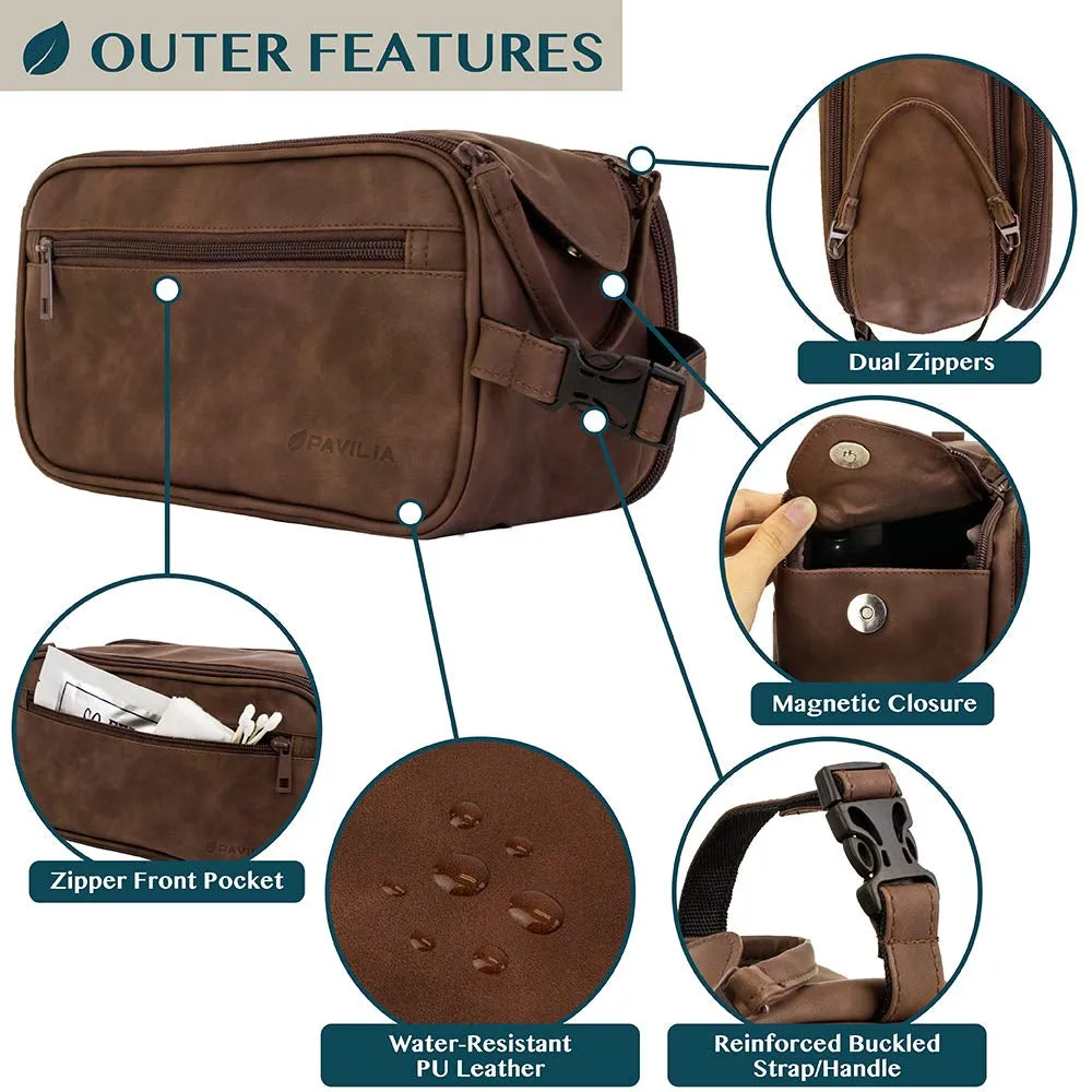 Toiletry Bag for Men, Travel Essentials Shaving Dopp Kit, Mens Travel Bag Toiletries Organizer Case for Grooming, PU Leather Water Resistant Cosmetic Bag Pouch (Dark Brown)