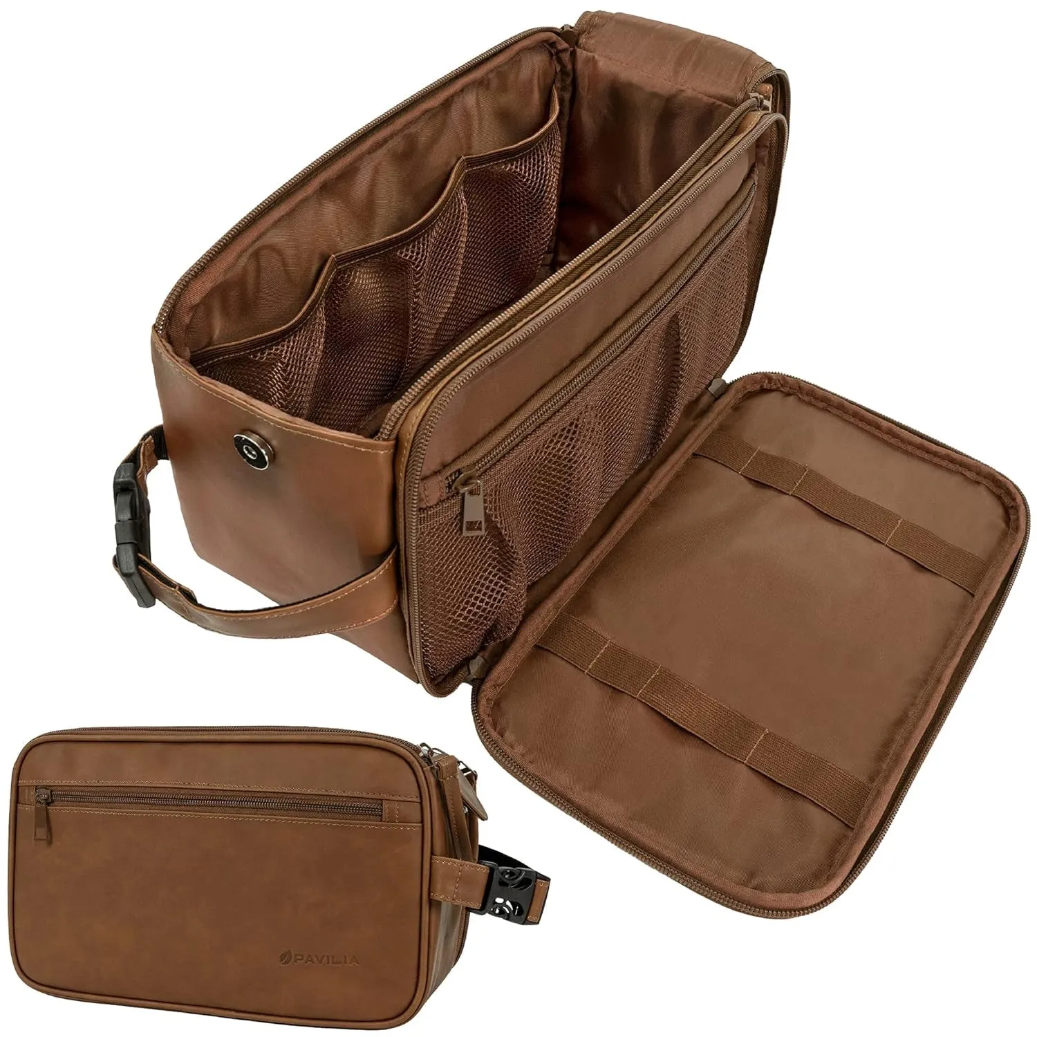 Toiletry Bag for Men, Travel Essentials Shaving Dopp Kit, Mens Travel Bag Toiletries Organizer Case for Grooming, PU Leather Water Resistant Cosmetic Bag Pouch (Dark Brown)