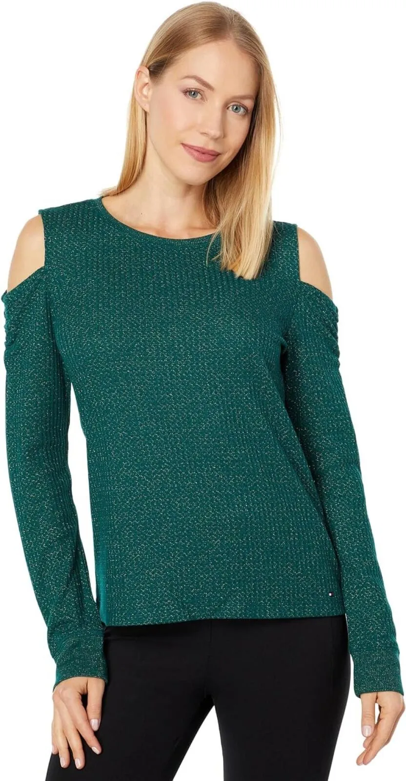 Tommy Hilfiger Long Sleeve Could Shoulder Top J2IH6834 Forest Green / Gold M