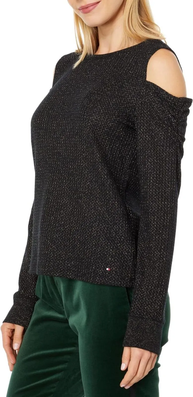 Tommy Hilfiger Womens Long Sleeve Could Shoulder Top J2IH6834 Black / Gold L