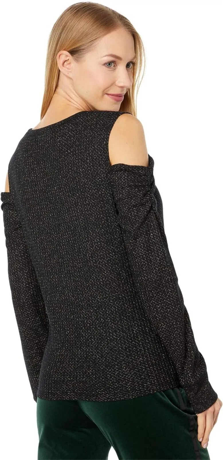 Tommy Hilfiger Womens Long Sleeve Could Shoulder Top J2IH6834 Black / Gold L