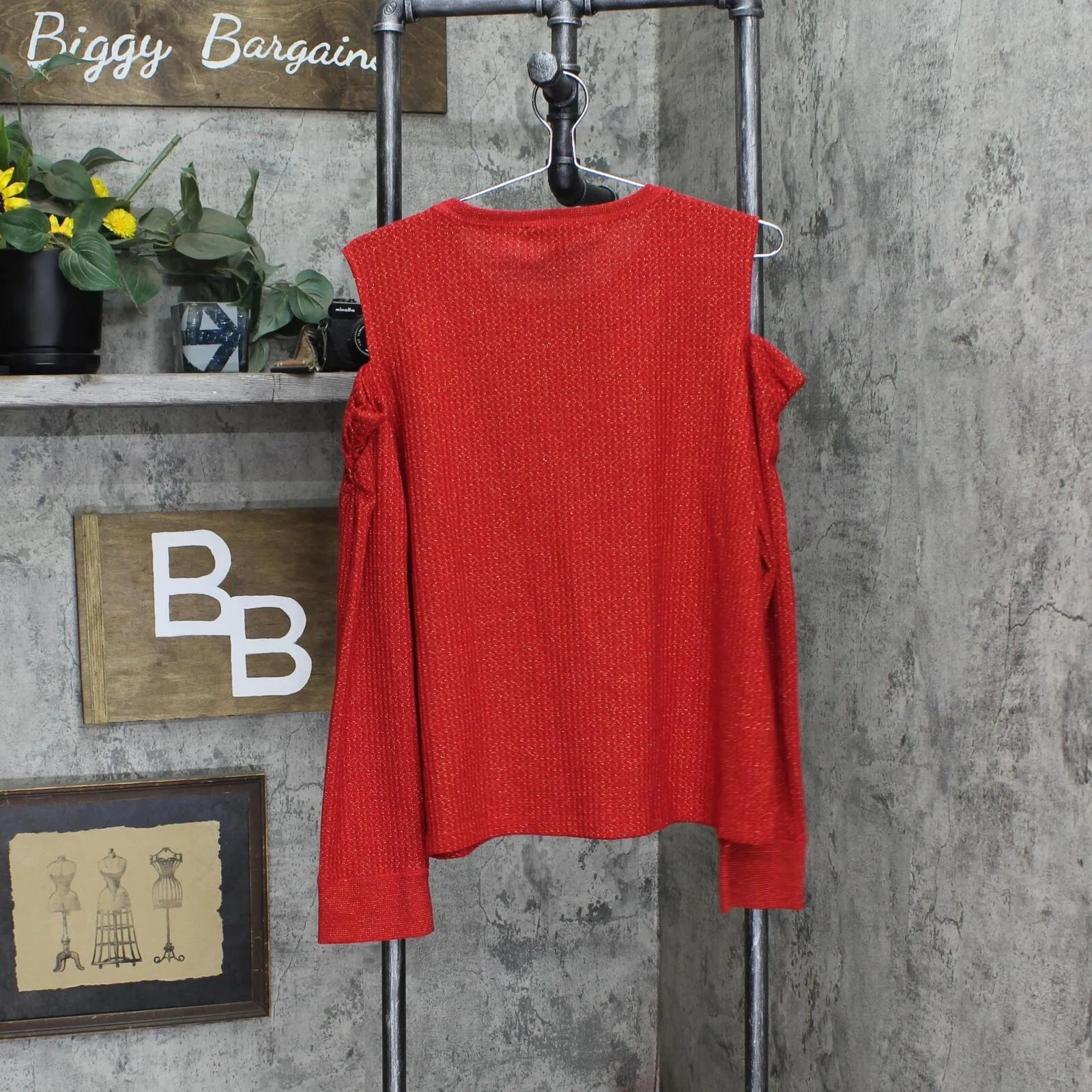 Tommy Hilfiger Womens Long Sleeve Could Shoulder Top Scarlet Red / Gold XL