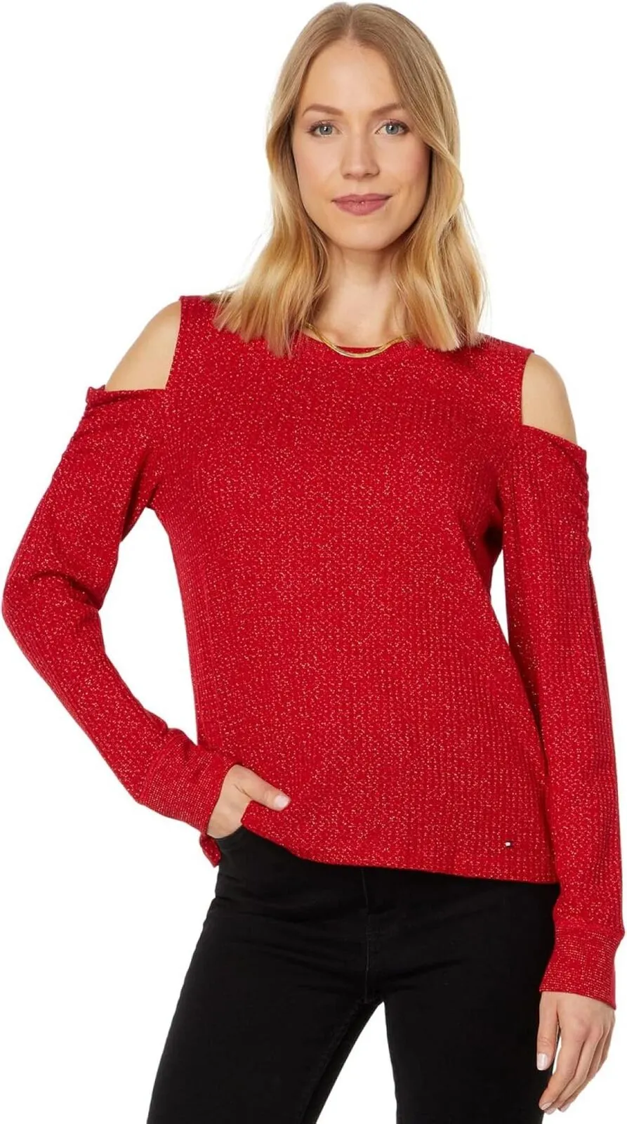 Tommy Hilfiger Womens Long Sleeve Could Shoulder Top Scarlet Red / Gold XL