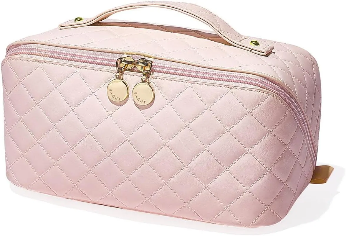 Travel Makeup Bag,Large Capacity Cosmetic Bags for Women,Waterproof Portable Pouch Open Flat Toiletry Bag Make up Organizer with Divider and Handle