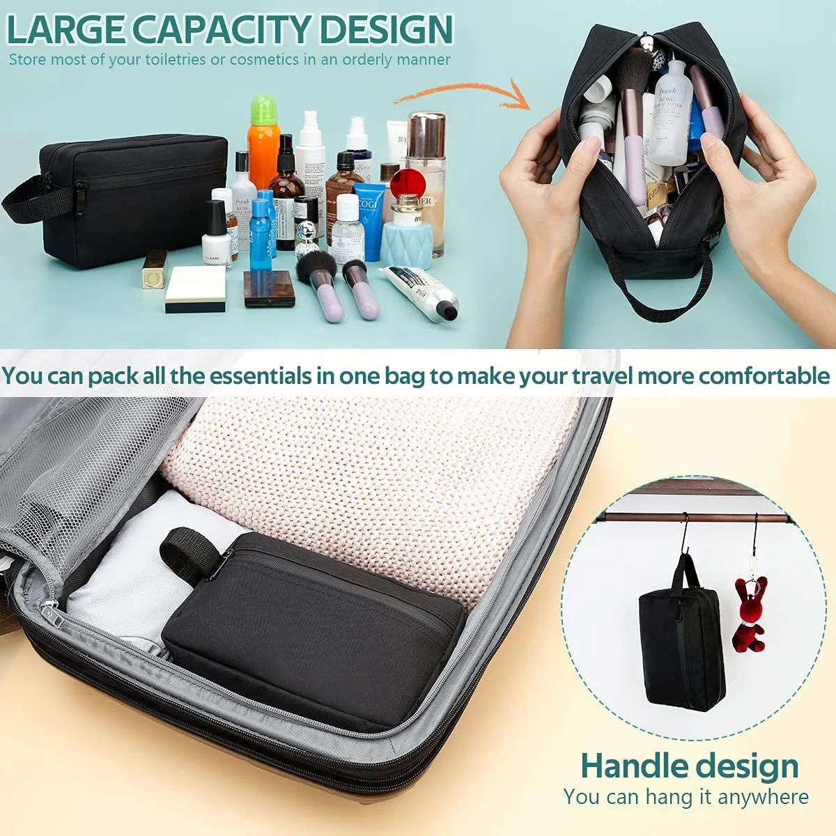 Travel Toiletry Bag for Women and Men, Water-Resistant Shaving Bag for Toiletries Accessories, Foldable Storage Bags with Divider and Handle for Cosmetics Toiletries Brushes Tools