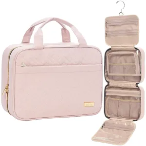 Travel Toiletry Bag for Women, Portable Hanging Organizer for Travel-Sized Shampoo, Conditioner, Brushes Set, Makeup Accessories, Medium Size, Pink