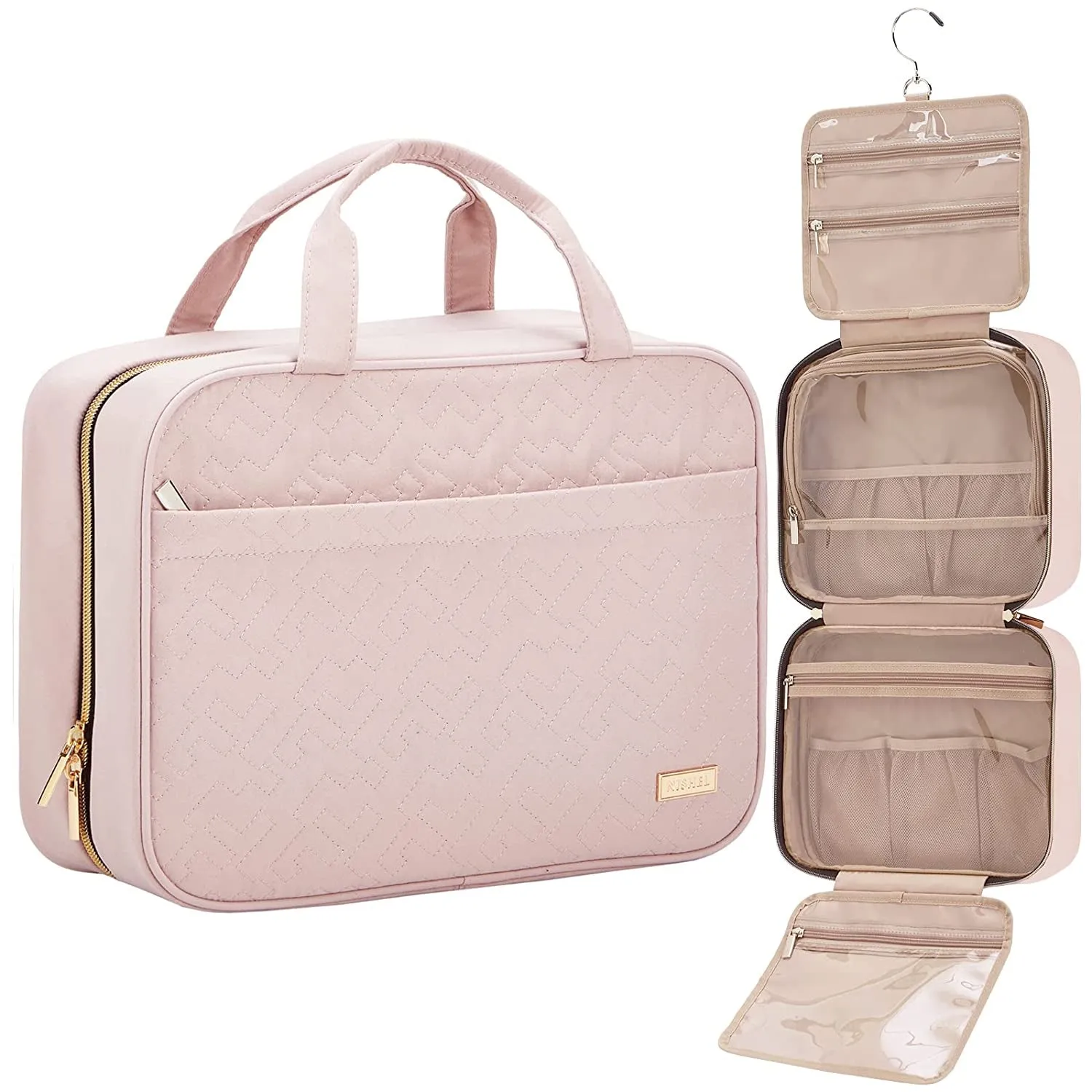 Travel Toiletry Bag for Women, Portable Hanging Organizer for Travel-Sized Shampoo, Conditioner, Brushes Set, Makeup Accessories, Medium Size, Pink