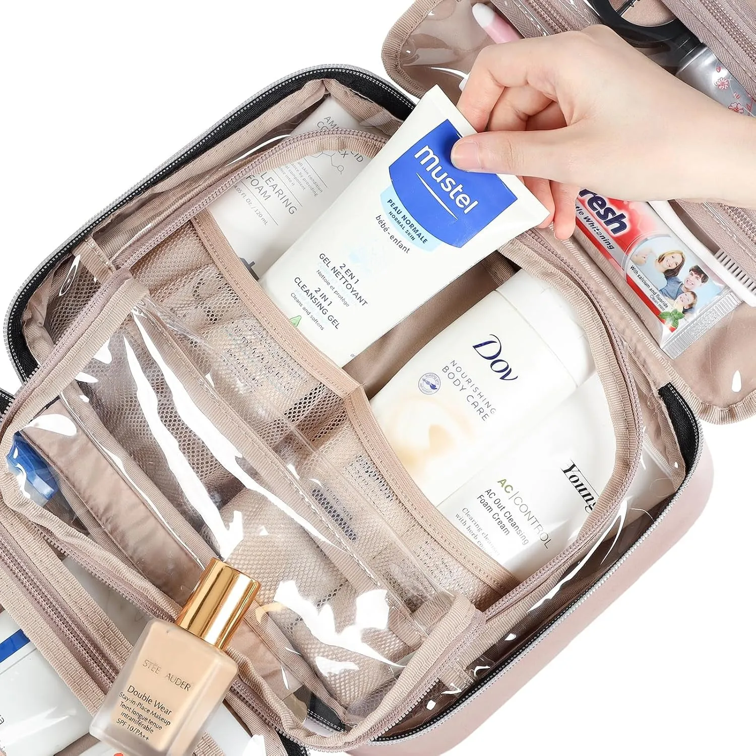Travel Toiletry Bag for Women, Portable Hanging Organizer for Travel-Sized Shampoo, Conditioner, Brushes Set, Makeup Accessories, Medium Size, Pink