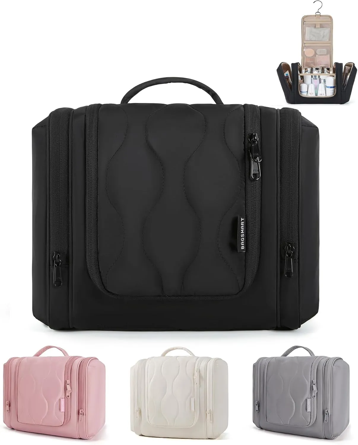 Travel Toiletry Bag for Women, Puffy Water-Resistant Hanging Organizer with Hook for Full Sized Toiletries, Black