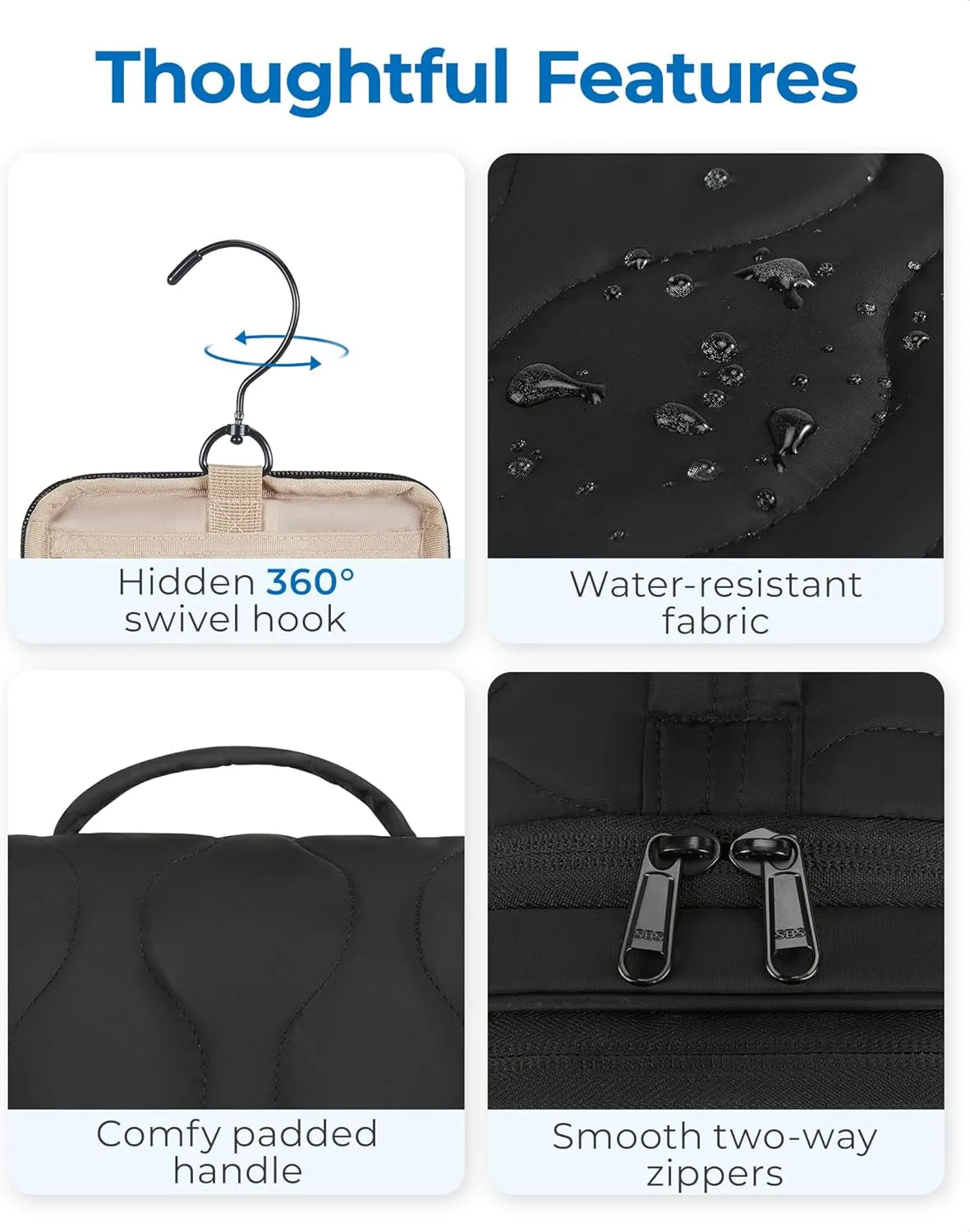 Travel Toiletry Bag for Women, Puffy Water-Resistant Hanging Organizer with Hook for Full Sized Toiletries, Black