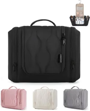 Travel Toiletry Bag for Women, Puffy Water-Resistant Hanging Organizer with Hook for Full Sized Toiletries, Black