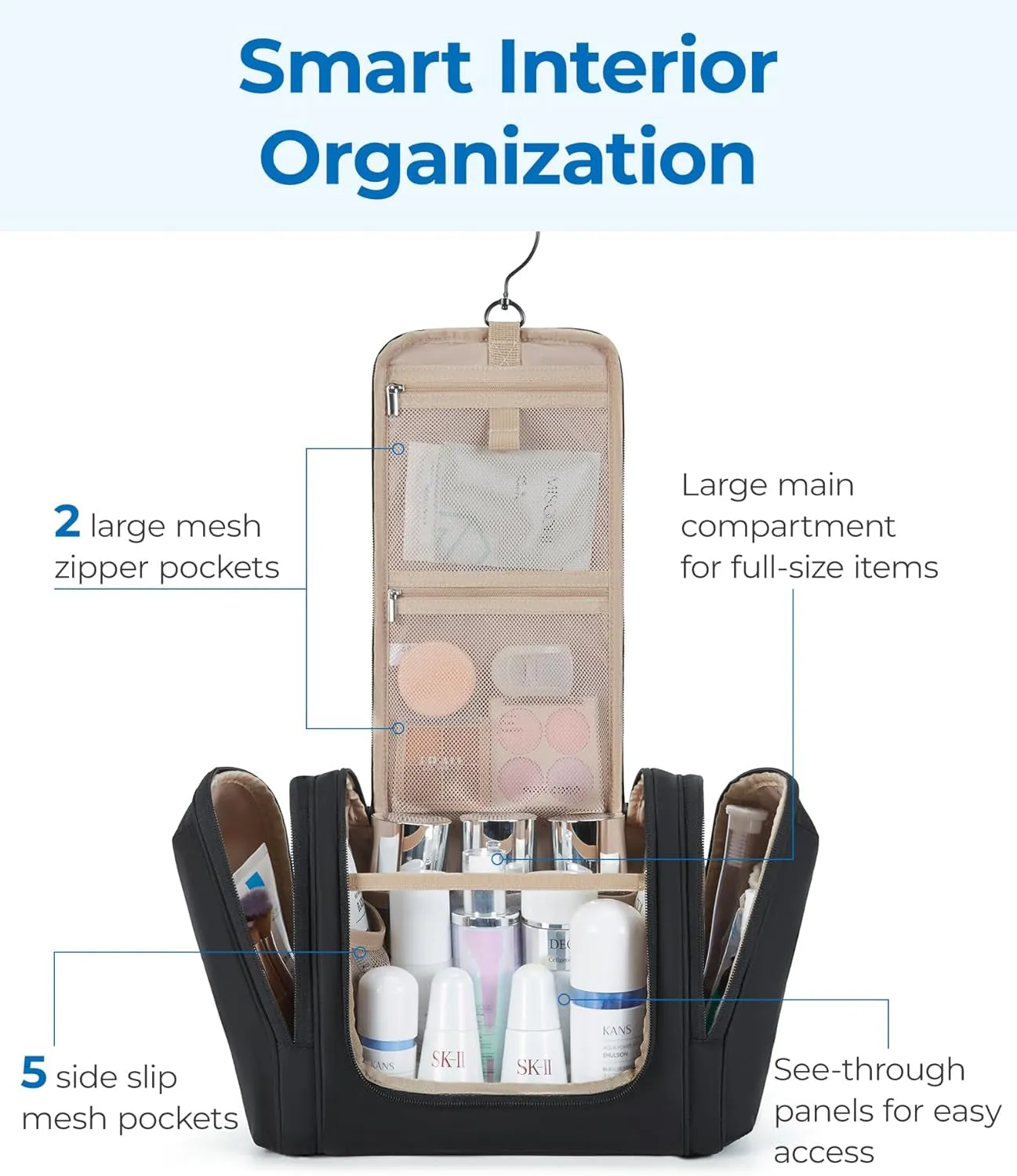 Travel Toiletry Bag for Women, Puffy Water-Resistant Hanging Organizer with Hook for Full Sized Toiletries, Black