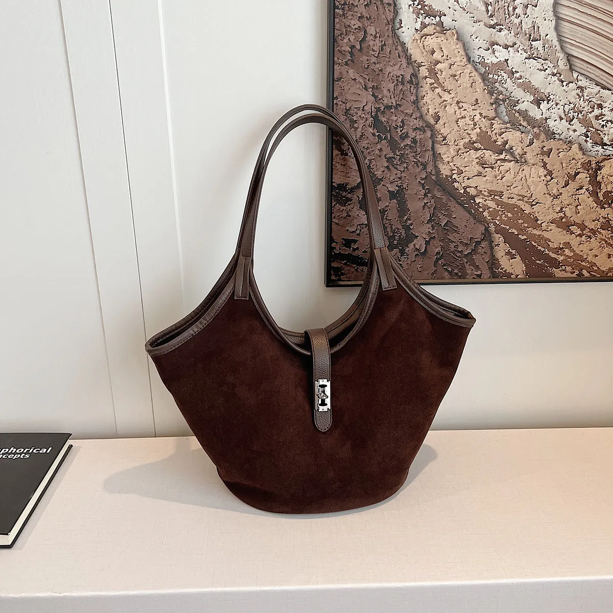 Turn Lock Suede Tote