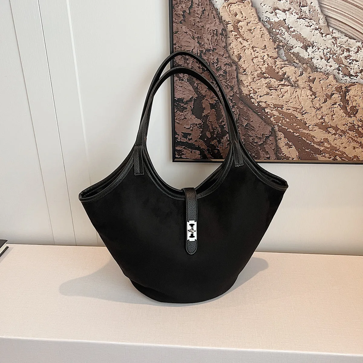 Turn Lock Suede Tote