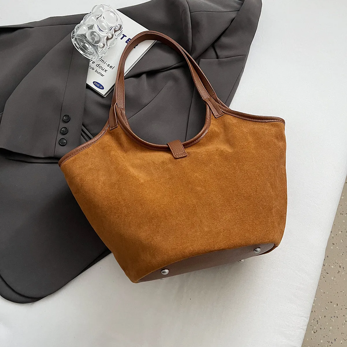 Turn Lock Suede Tote