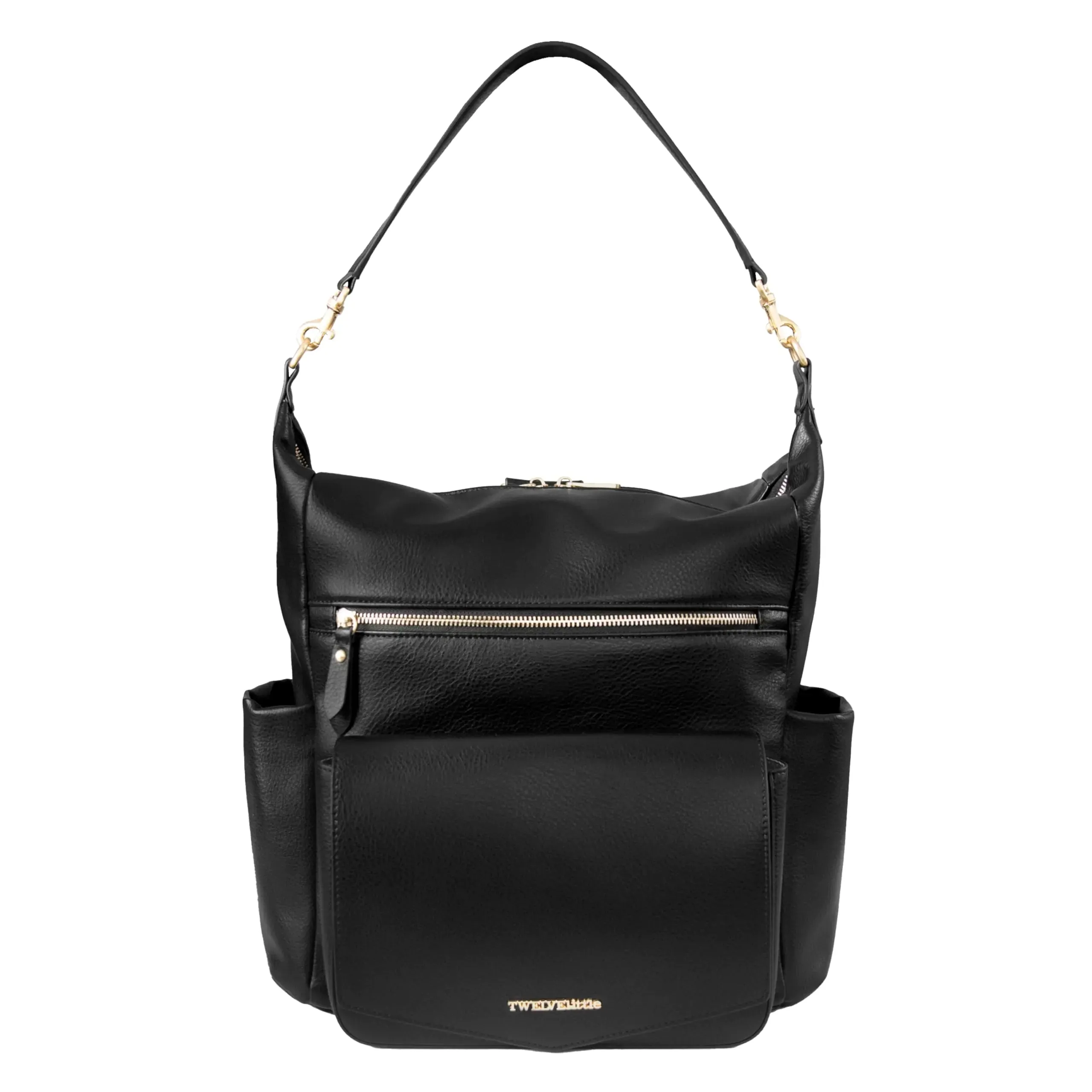 TWELVElittle Peek A Boo Convertible Hobo Diaperbag Backpack with Changing Pad Wipes Case and Stroller Clips Vegan Leather- Black