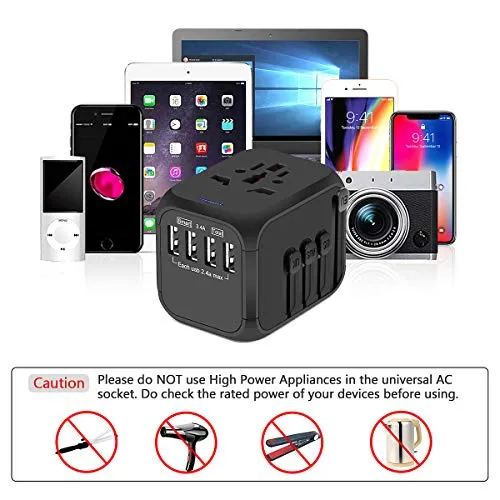 Upgraded Universal Travel Adapter, Castries All-in-one Worldwide Travel Charger Travel Socket, International Power Adapter with 4 USB Ports, AC Plug for Over 150 Countries, Travel Accessories, Black