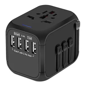 Upgraded Universal Travel Adapter, Castries All-in-one Worldwide Travel Charger Travel Socket, International Power Adapter with 4 USB Ports, AC Plug for Over 150 Countries, Travel Accessories, Black