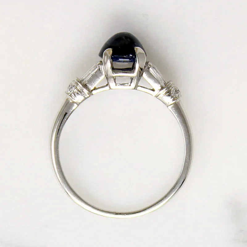 Velvety Cabochon Sapphire with Diamonds in Platinum Ring