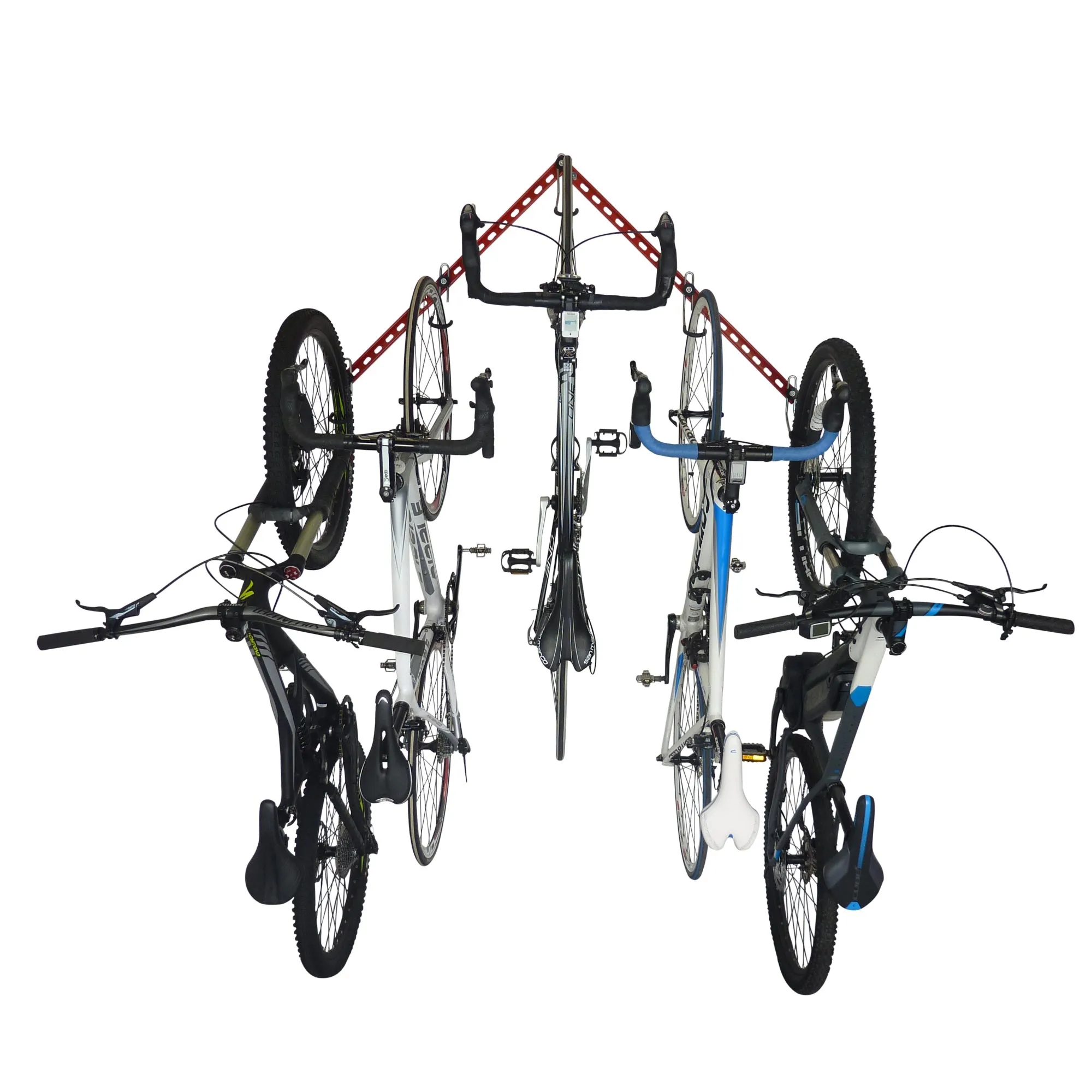 Vertical bike storage for up to 6 bikes. The 'Flying V'