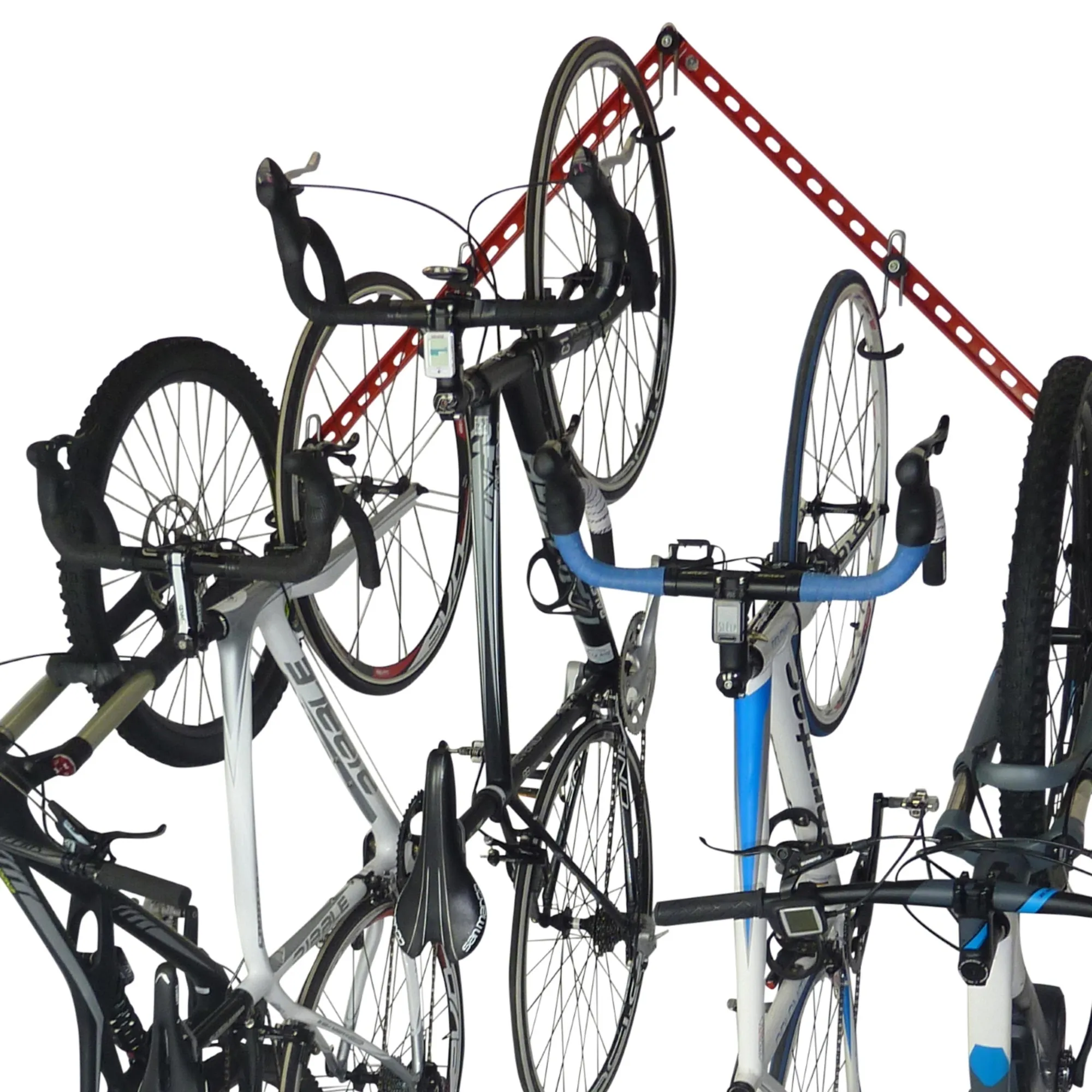 Vertical bike storage for up to 6 bikes. The 'Flying V'