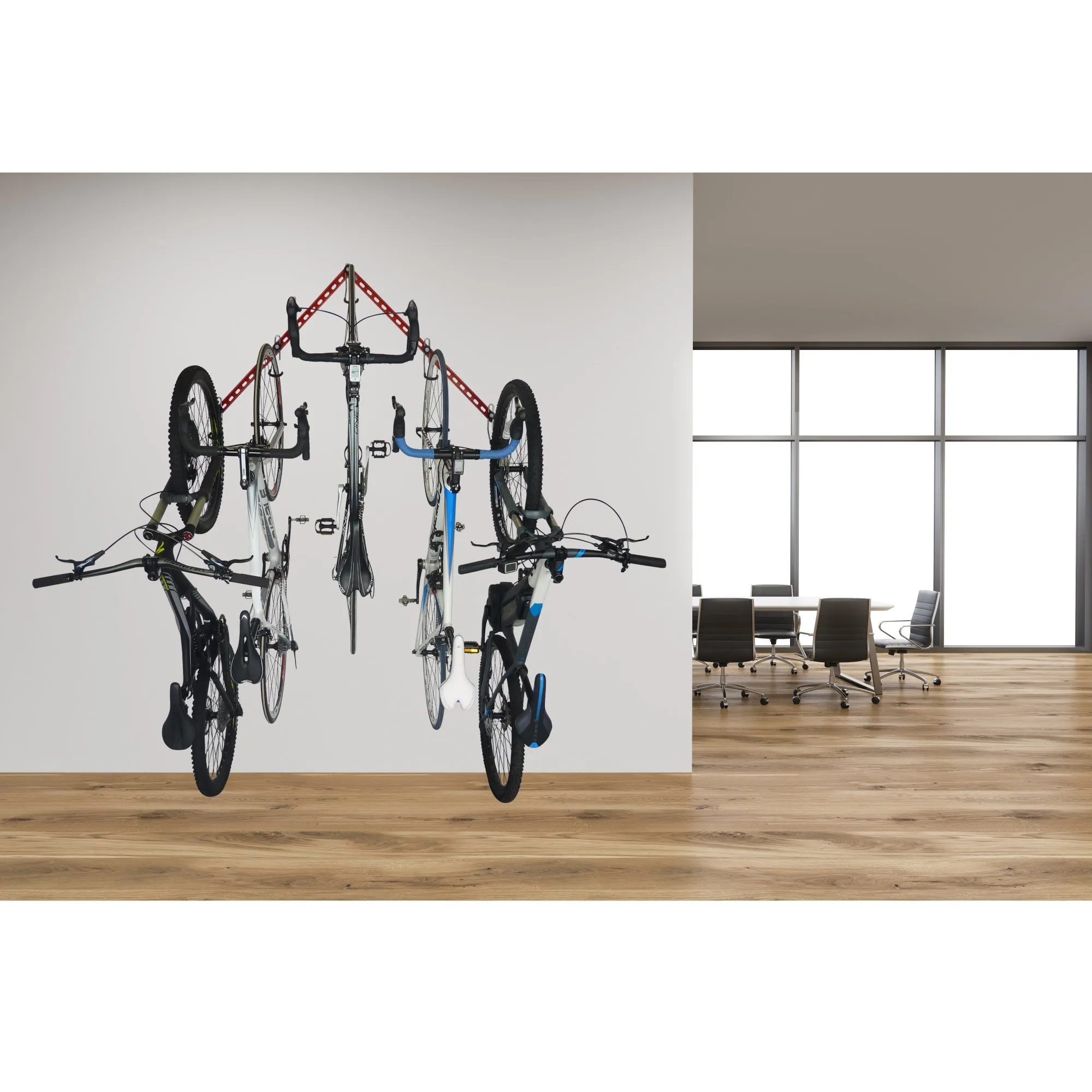 Vertical bike storage for up to 6 bikes. The 'Flying V'