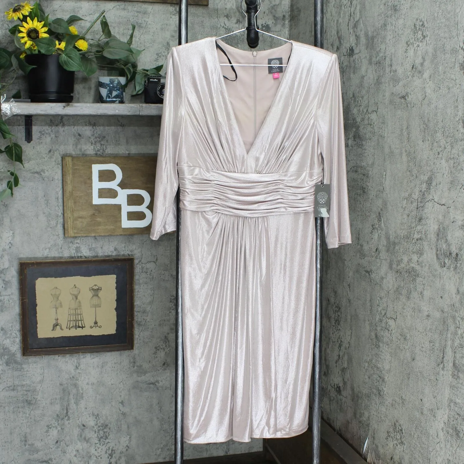 Vince Camuto Metallic Ruched Waist Long Sleeve Cocktail Dress