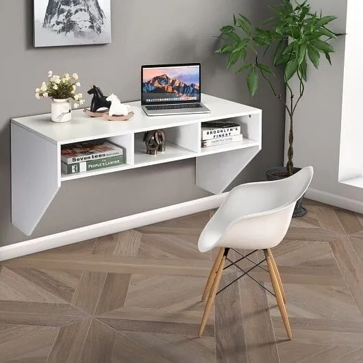 Wall Mounted Floating Computer Table Desk Storage Shelf-White - Color: White